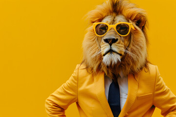 Stylish lion in suit against yellow background