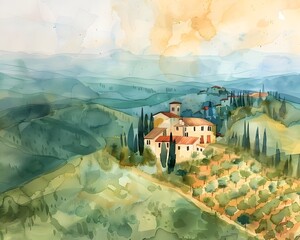 Serene Tuscany Watercolor Landscape with Rustic Villa Amidst Olive Groves