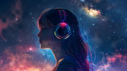  A mesmerizing image portraying a girl with colorful noise-canceling headphones, set against a backdrop of a starry night sky. 