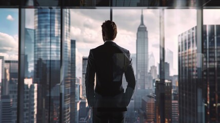 Fototapeta premium Young Businessman in a Perfect Tailored Suit Standing in his Modern Office Looking out at a Big City Skyscraper. Successful Finance Manager Planning Project Strategy.