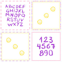 Hand-drawn vector frame. Alphabet from A to Z, smiling emoji. Resources for graphic design, creative pieces for social media. ABC, handwritten typography, numbers and letters.