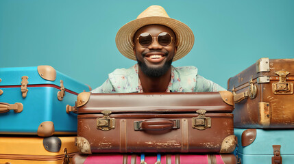 Happy young African American man surrounded by suitcases, ready for summer holiday vacation, travel agency tour. Wearing sunglasses and straw hat, blue studio background. Tourist luggage baggage