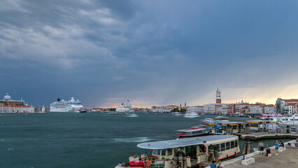 Basilica Santa Maria della Salute, Cathedral of San Giorgio Maggiore at sunset timelapse, Venezia, Venice, Italy