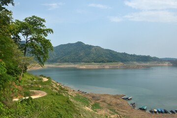 Khun Dan Prakarn Chon huge concrete dam with lower water level from El nino effect in Thailand  
