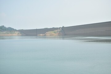Khun Dan Prakarn Chon huge concrete dam with lower water level from El nino effect in Thailand  