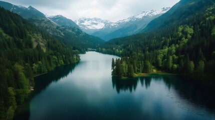 Serene Mountain Lake Surrounded by Lush Forests and Snow-Capped Peaks