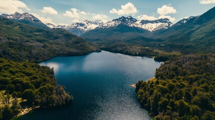 Serene Mountain Lake Surrounded by Lush Forests and Snow-Capped Peaks