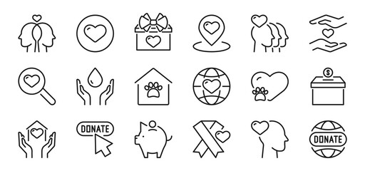 Charity and donate line icons set 2. Volunteer, donation, monetary assistance, help, care, animals, donor sign and symbol. Isolated on a white background. Pixel perfect. Editable stroke. 64x64.