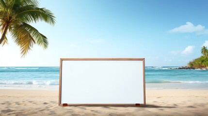 Serene beach scene with a blank whiteboard, ideal for summerthemed graphics or event announcements