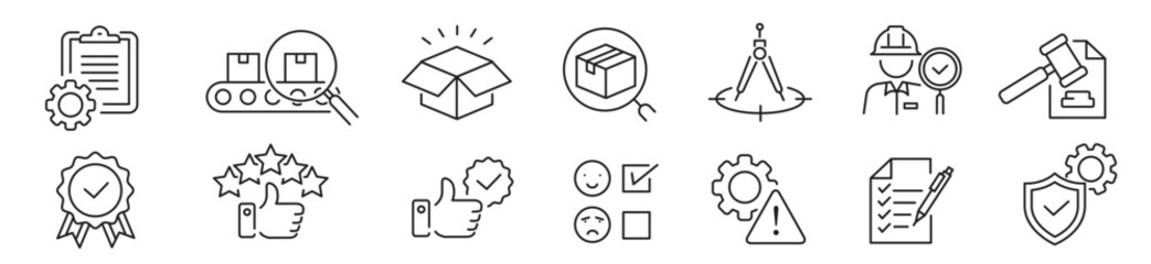 Quality control icon set. check auditin quality assurance testing evaluation spection product process. Editable stroke vector icons collection illustration.
