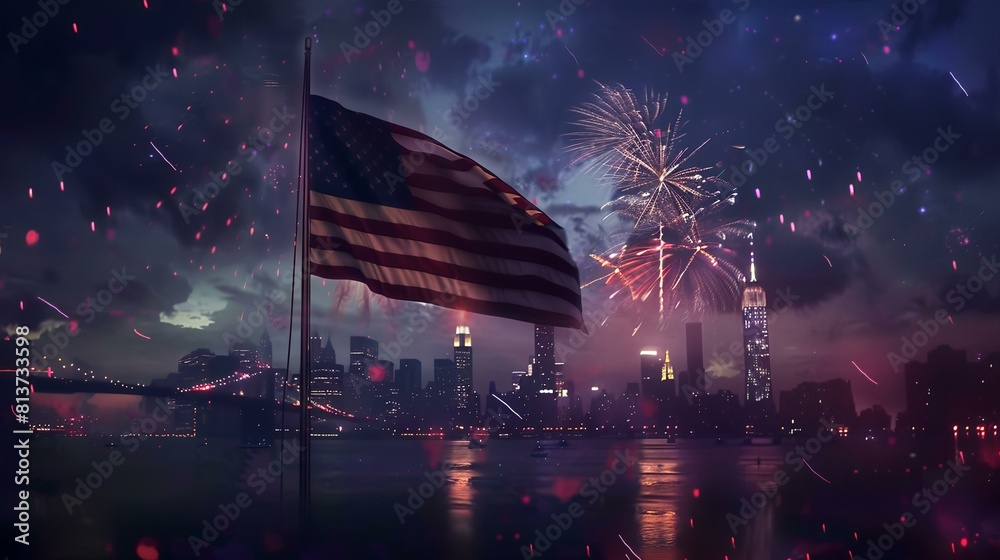 Poster United states of American flag and fireworks on the background of the city