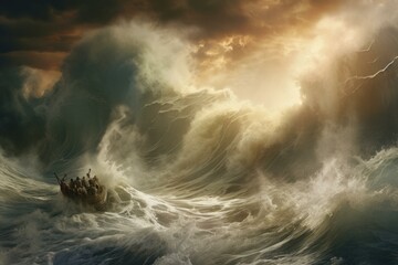 Dramatic image of fishermen in a small boat amidst towering waves and lightning