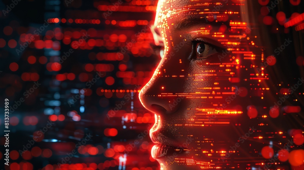 Poster a woman's face is shown in a computer generated image with a red background
