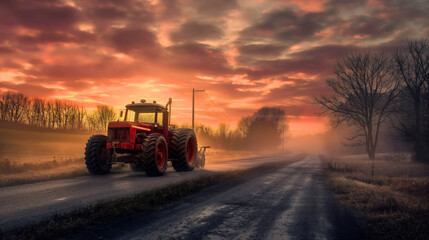 Old vintage red tractor on the village countryside field road in the morning sunrise, farming machinery, copy space