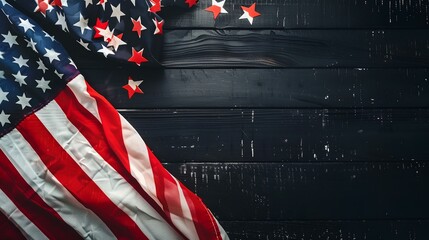 American flag on black wooden background with copy space for your text.