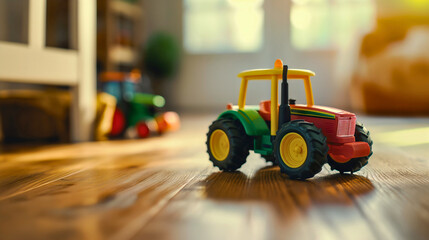 Closeup of small plastic green and yellow tractor toy on the carpet on the floor in room interior. Agriculture farming vehicle machine model for children play