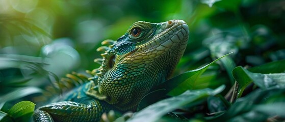 Obraz premium Close-Up Portrait of an Expressive Lizard in the Green Jungle