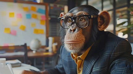 A monkey wearing glasses and a suit is sitting at a desk - Powered by Adobe
