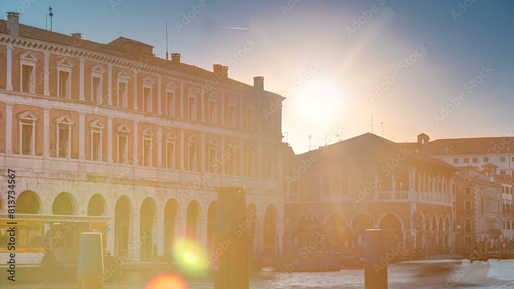 Wall mural view of the deserted rialto market at sunset timelapse, venice, italy viewed from pier across the gr