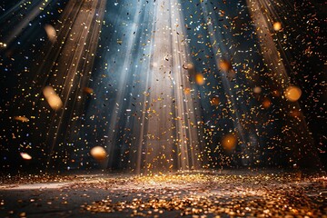 A golden confetti rain on festival stage with a big space for text or product advertisement background, Generative AI.
