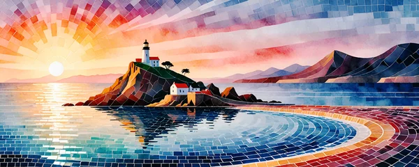 illustrazione di paesaggio marino con tramonto, stile mosaico