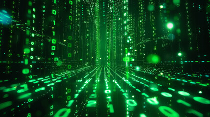 An endless, scrolling digital code in a matrix style, with streams of green binary numbers cascading down against a dark background. 