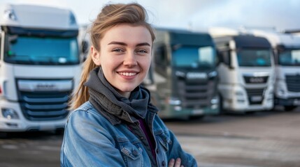 Obraz premium Happy Young Female Truck Driver Leading a Fleet of Trucks