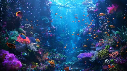 Fototapeta premium Underwater world full of life. Colorful fishes swim between beautiful corals.