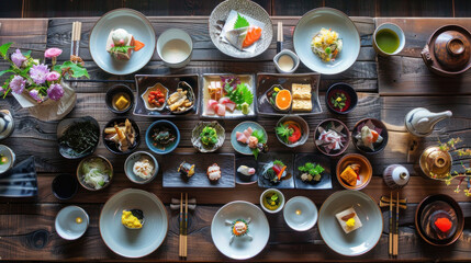 a depiction of a kaiseki (multi-course) meal served on lacquered trays arranged on a wooden table, showcasing an array of meticulously prepared dishes representing the seasons 
