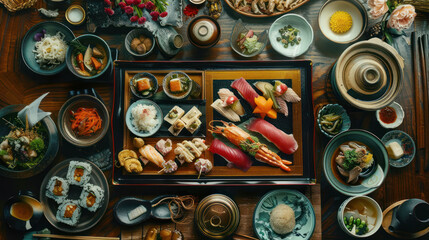 Fototapeta premium a depiction of a kaiseki (multi-course) meal served on lacquered trays arranged on a wooden table, showcasing an array of meticulously prepared dishes representing the seasons 
