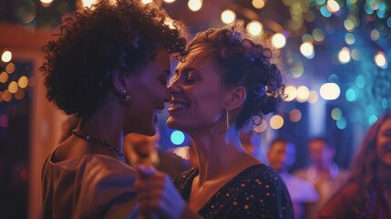A beautiful lesbian couple celebrates her wedding at an evening celebration with diverse multiethnic friends. A queer new couple dances in a restaurant. Relationship and family goals.
