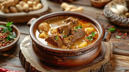 a scene of a bowl of creamy Massaman Curry served in a clay pot on a wooden table, filled with tender chunks of beef or chicken, potatoes, and peanuts, simmered in a rich and aromatic curry sauce.