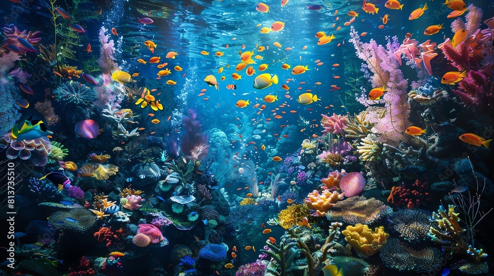 Canvas Prints Underwater world. Tropical fishes swim near a coral reef. A beautiful seascape with bright colors.