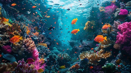 Underwater view of a coral reef with many colorful fish.