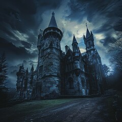 Haunted Castle in a Dark and Terrifying Horror Night