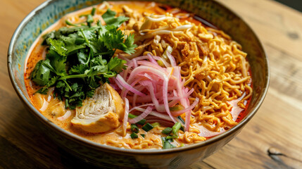 a bowl of Khao Soi (Northern Thai curry noodle soup) served in a ceramic bowl on a wooden surface, topped with crispy fried noodles, tender chicken, pickled mustard greens, and shallots.