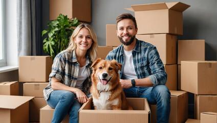 Family with pets moving to new home. Stack of cardboard boxes and dog sitting near cardboard box. Relocation, renovation, delivery service, donation concept
