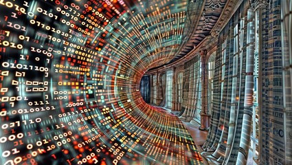 A surreal digital corridor with intricate data patterns, binary code streams, and a skewed industrial cityscape, symbolizing the convergence of technology and infrastructure.