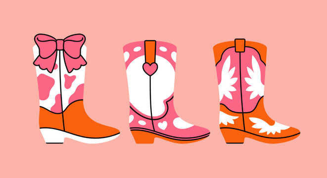 Collection of retro Cowboy fashion print with Cowgirl boots. Art vintage preppy set. Cowboy western and wild west theme. Hand drawn vector illustrartion.