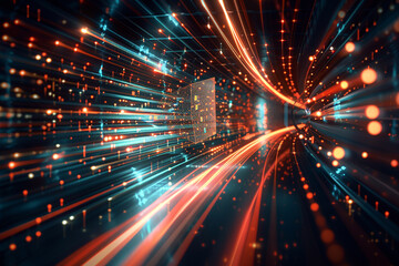 Double exposure of a high-speed optical fiber network, its light representing rapid data transmission, combined with