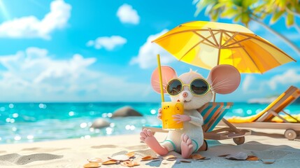 Mouse in summer attire sips cocktail on lavish cruise ship for a relaxing experience