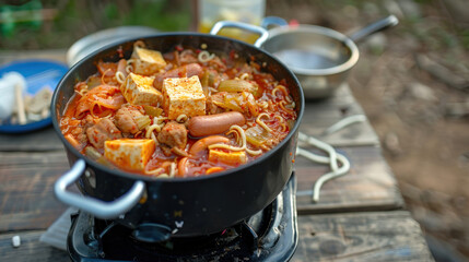 a pot of budae jjigae (army stew) simmering on a portable stove set on a wooden table, filled with a hearty combination of spam, hot dogs, instant noodles,