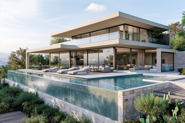 Fototapeta premium A luxurious modern house with large windows, infinity pool, surrounded by nature, offering a breathtaking panoramic view