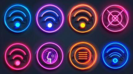 Wireless Internet or radio icons in neon. Abstract sign of digital sonic technology isolated on transparent background.