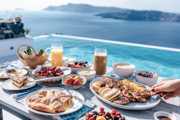 a luxurious breakfast spread by a serene pool with a tranquil sea in the background