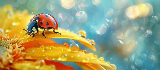 Ladybug Perched on a Yellow Flower Petal with Glistening Water Drops Bokeh Background
