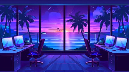 The interior of an office on a dark night with desks, laptops, chairs, windows and a view to sea beach with palm trees. Modern cartoon illustration of the interior of an office at night.