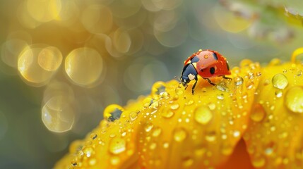 Naklejka premium Ladybug Perched on a Yellow Flower Petal with Glistening Water Drops Bokeh Background