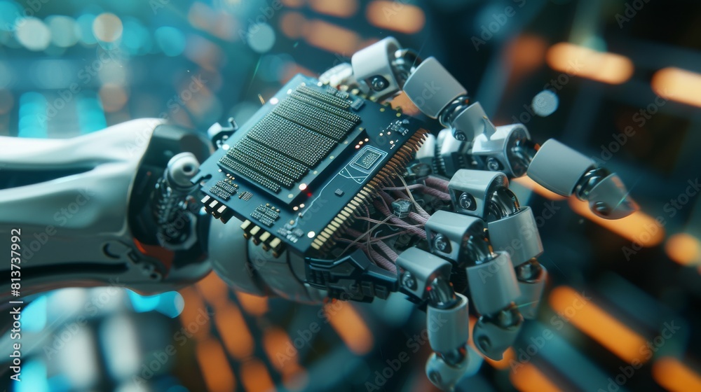 Poster animated concept of a high-tech robotic arm holding a computer processor. a cpu microchip digitizes 