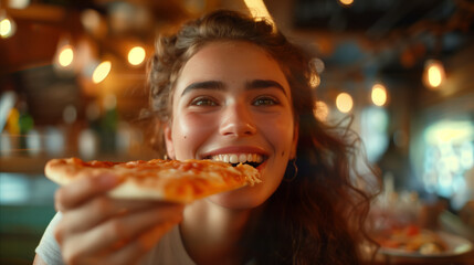 Funny brunette Italian girl eating pizza at restaurant, close-up portrait